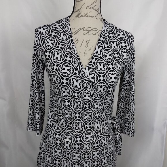 Bisou Bisou | Black & White Print Jersey Knit Stretch Wrap Dress |  Size 8 - Picture 2 of 9